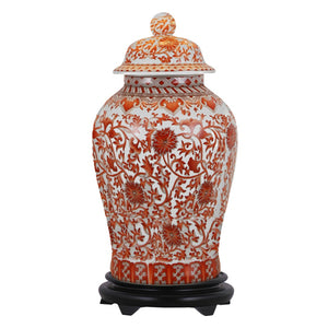 Coral Red Floral Porcelain Temple Jar with Base