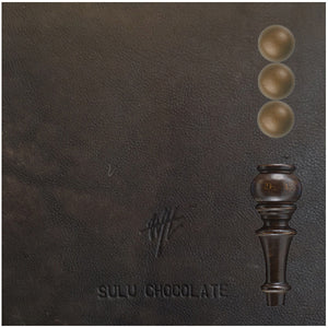 Zulu Chocolate Leather with Espresso wood finish, accented with the No. 50 Natural nail head