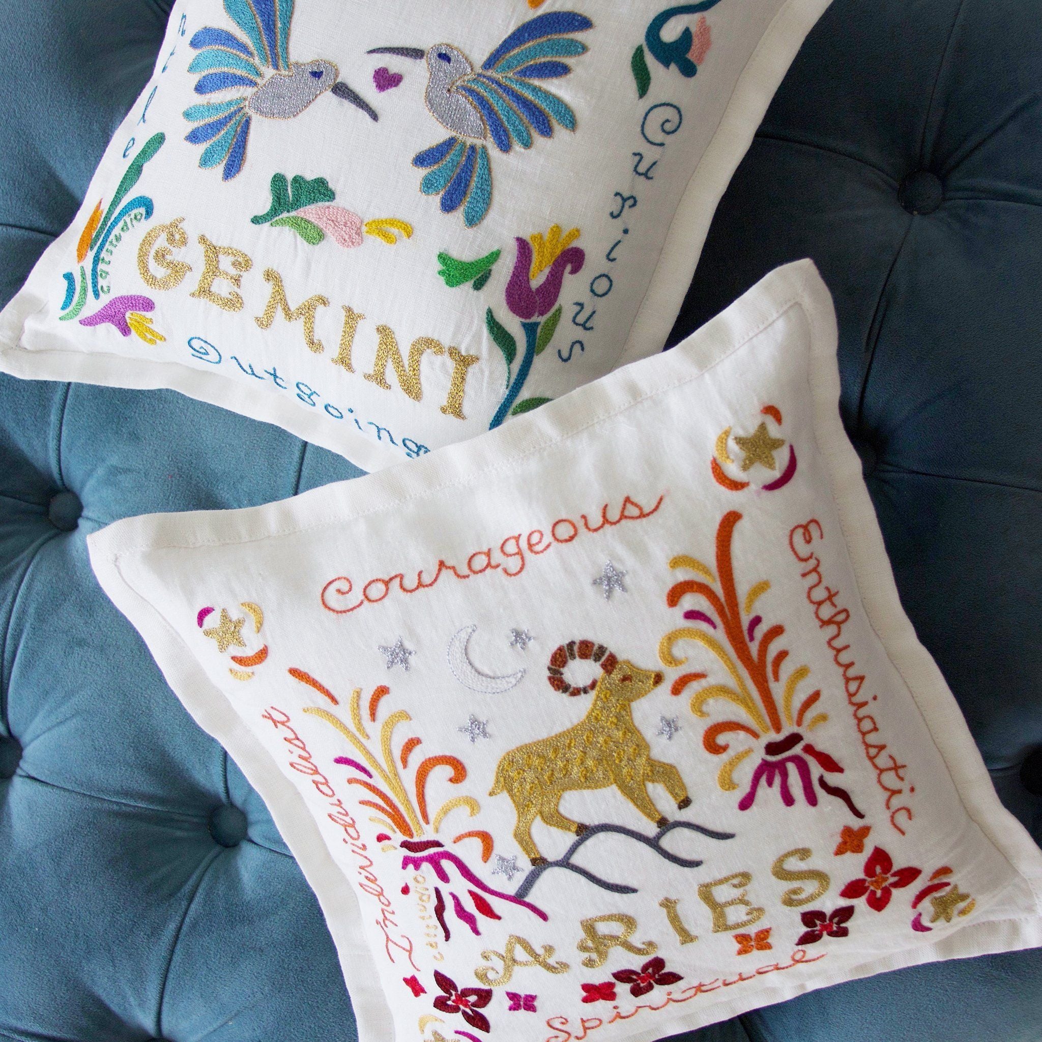 Aries Astrology Hand-Embroidered Pillow