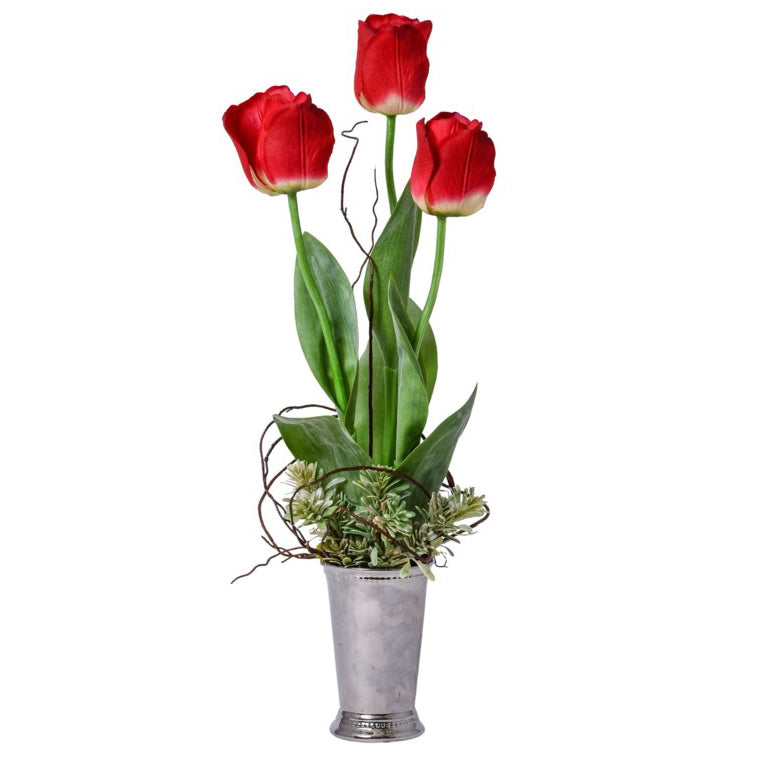 Red Tulips in Silver Mint Julep Vase