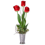 Red Tulips in Silver Mint Julep Vase