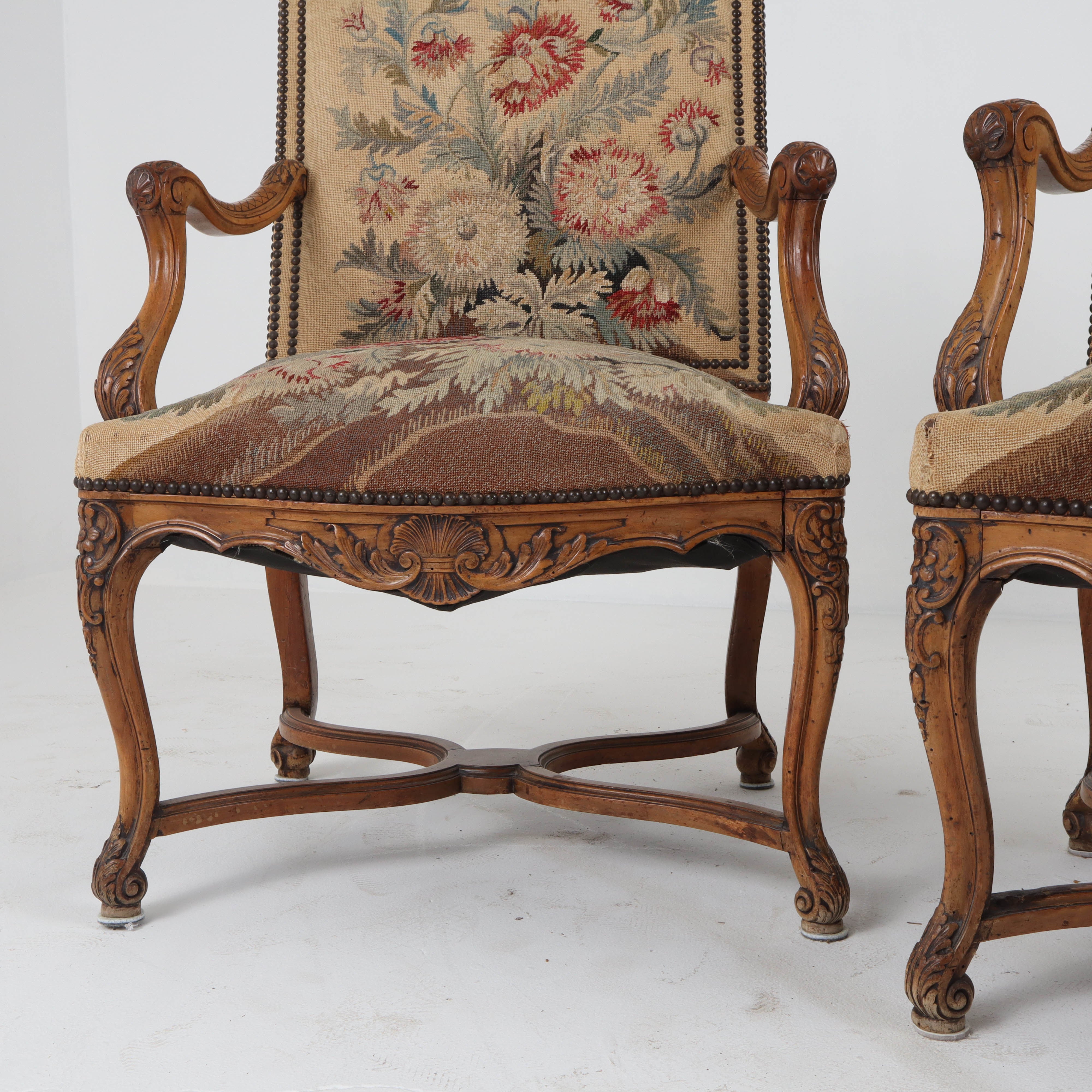 Pair of French Antique Needlepoint Fauteuil Chairs c1850